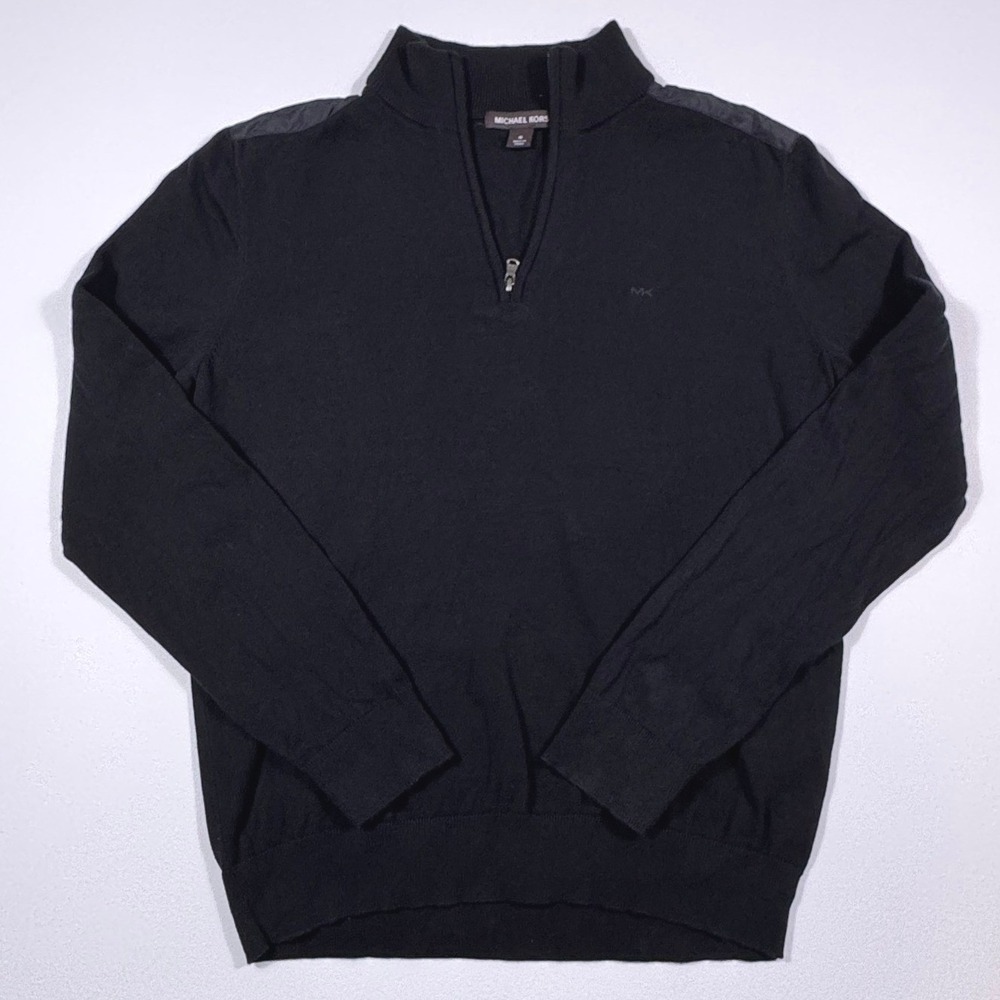 Michael Kors Mens Quarter Zip Sweater Black Cotton Mock Neck Pullover‎ Medium MK